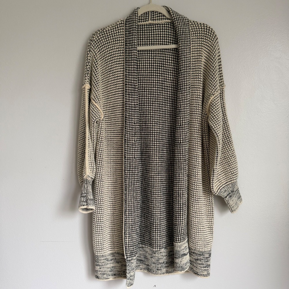 Textured Waffle Knit Longline Open Front Cardigan Sweater Black Cream XL - Picture 1 of 5